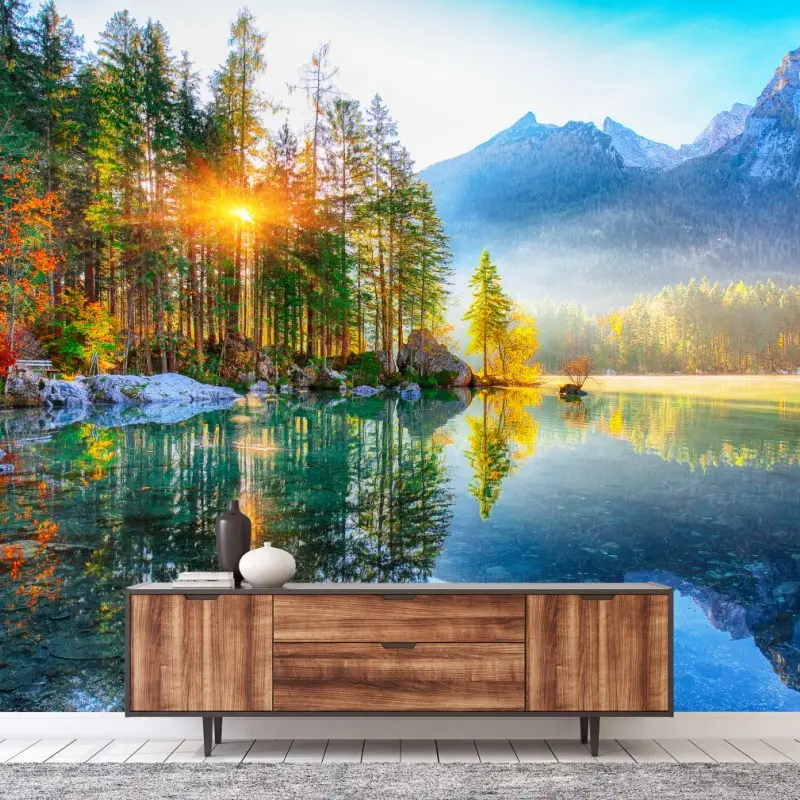 Fototapete Hintersee herbstlicher sonnenaufgang über dem türkisfarbenen see