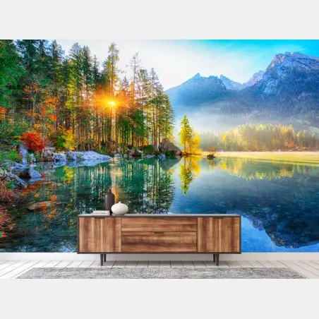 Fototapete Hintersee herbstlicher sonnenaufgang über dem türkisfarbenen see – Pixers®