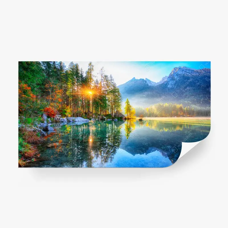 Fototapete Hintersee herbstlicher sonnenaufgang über dem türkisfarbenen see