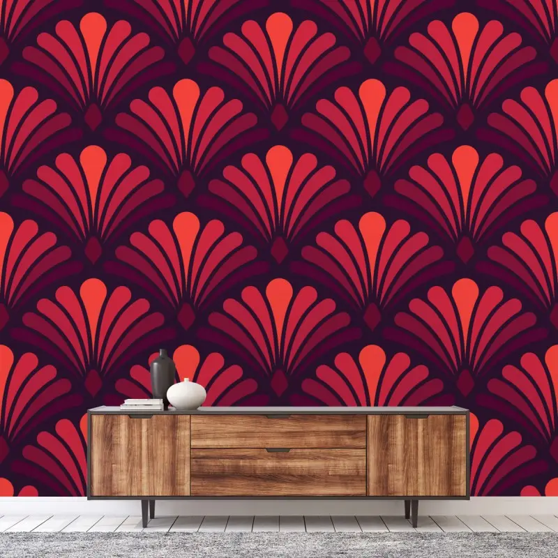 Fototapete geometrisches art-déco fächermuster in warmen rot- und violetttönen