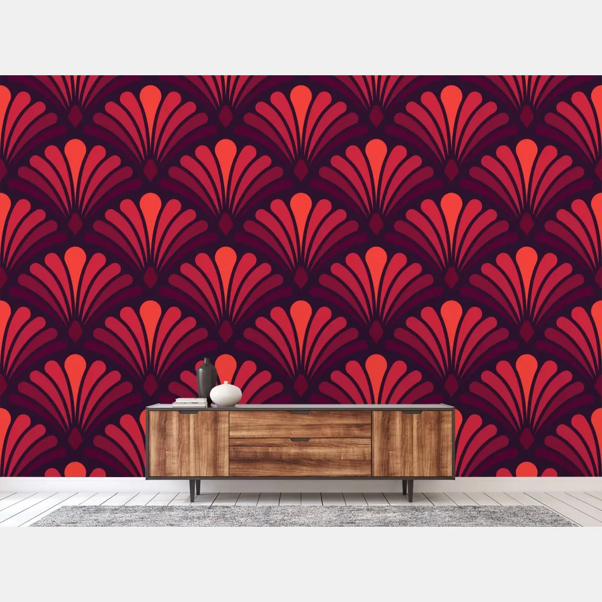 Fototapete geometrisches art-déco fächermuster in warmen rot- und violetttönen – Pixers®