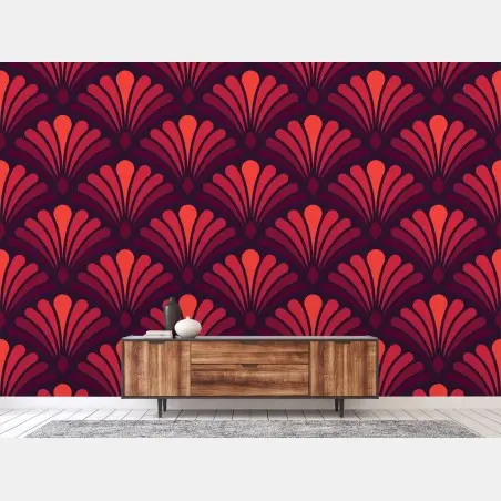 Fototapete geometrisches art-déco fächermuster in warmen rot- und violetttönen – Pixers®