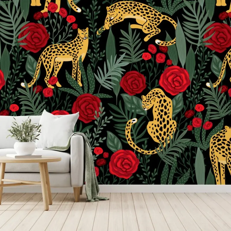 Fototapete goldene geparden und rote rosen muster