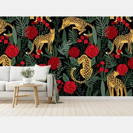 Fototapete goldene geparden und rote rosen muster – Pixers®