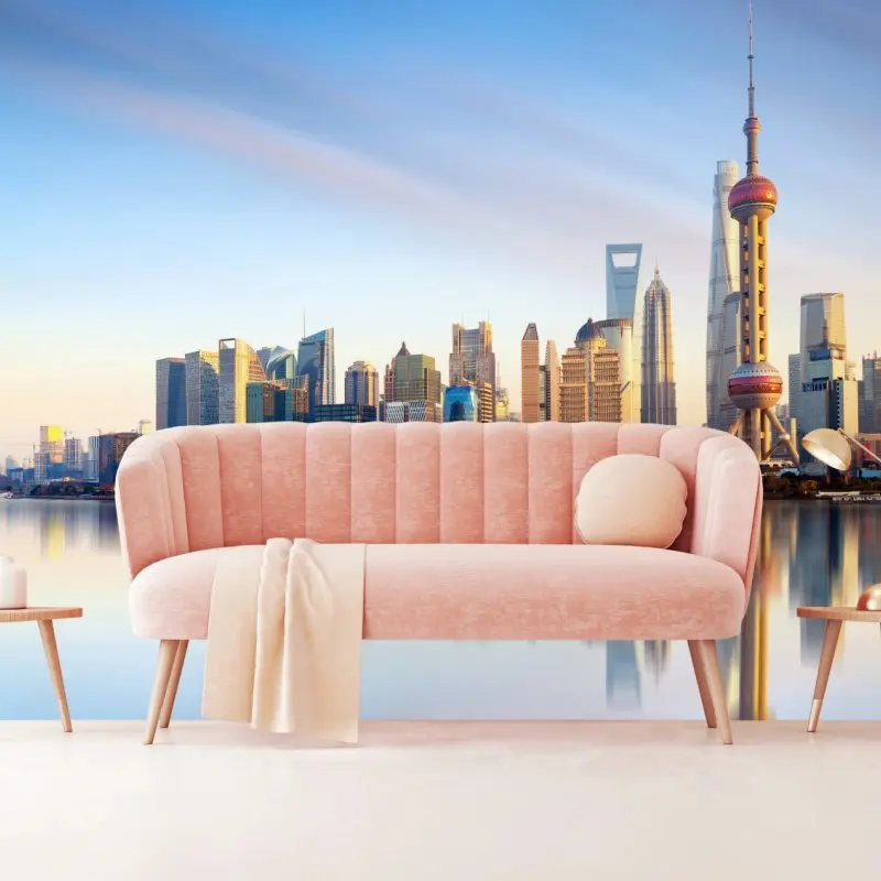 Fototapete Shanghai skyline spiegelung bei sonnenaufgang