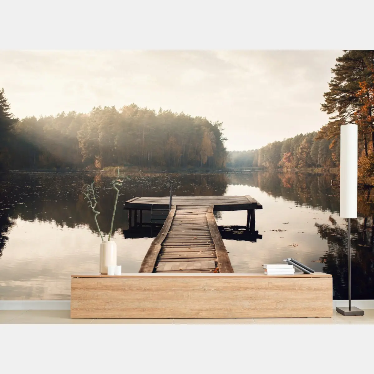 Fototapete herbstmorgen am see mit hölzernem steg – Pixers®