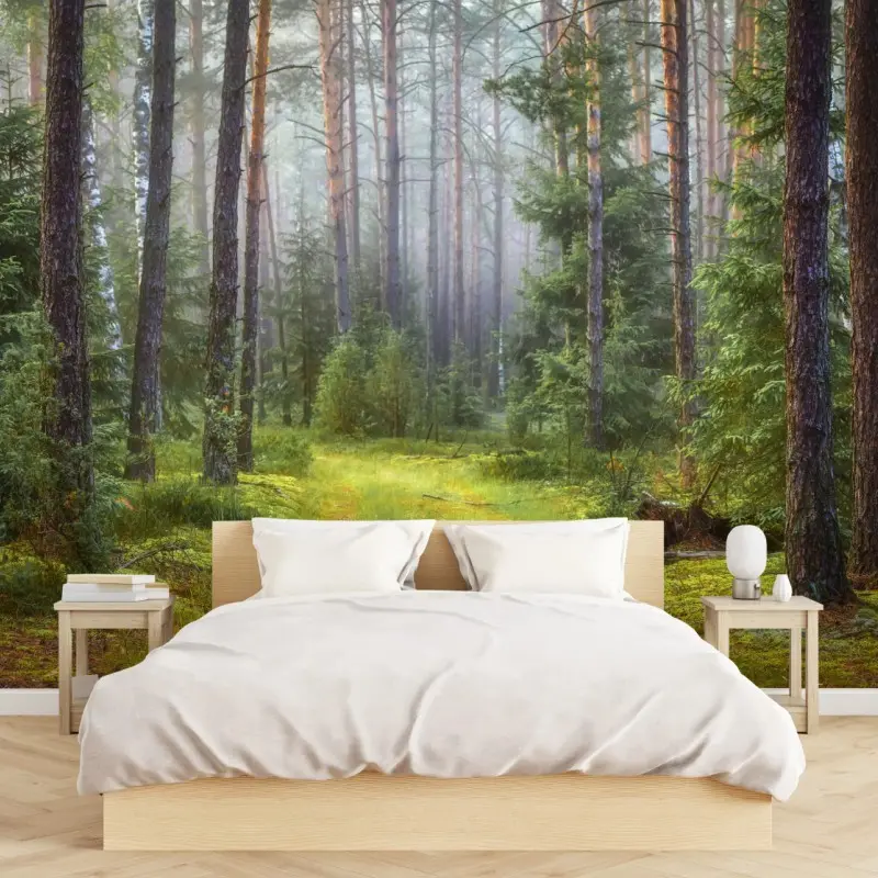 Fototapete nebliger kiefernwald mit pfad