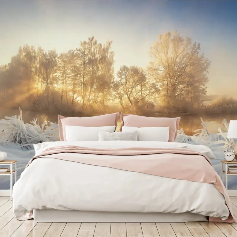 Fototapete goldener wintersonnenaufgang über dem frostigen fluss