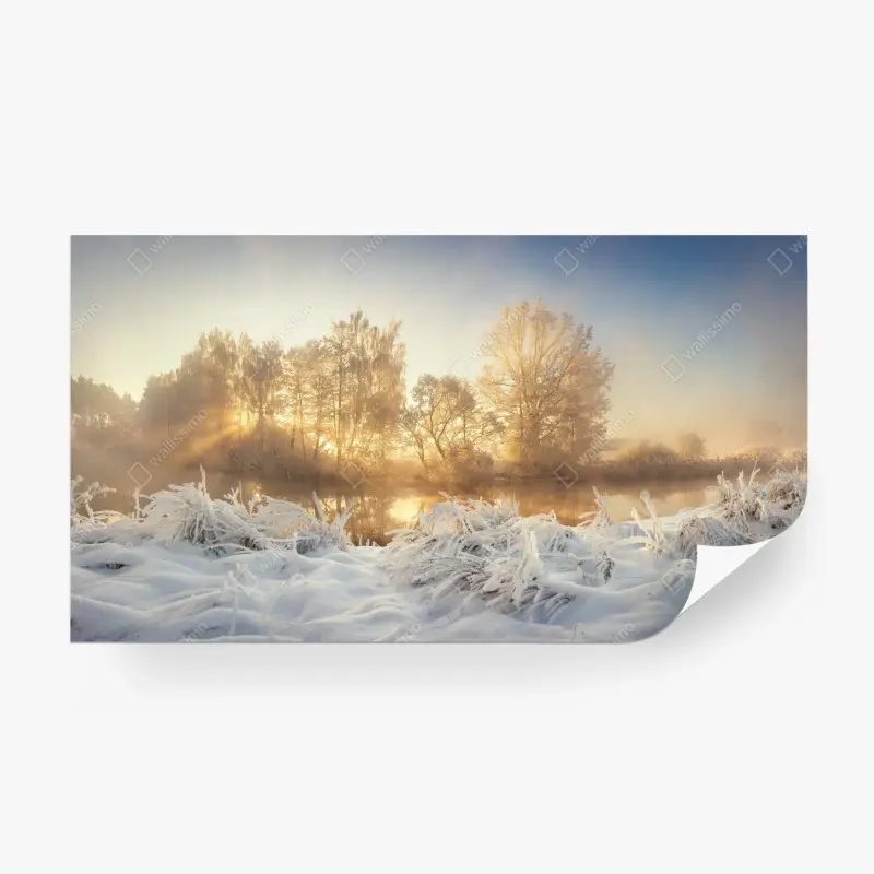 Fototapete goldener wintersonnenaufgang über dem frostigen fluss