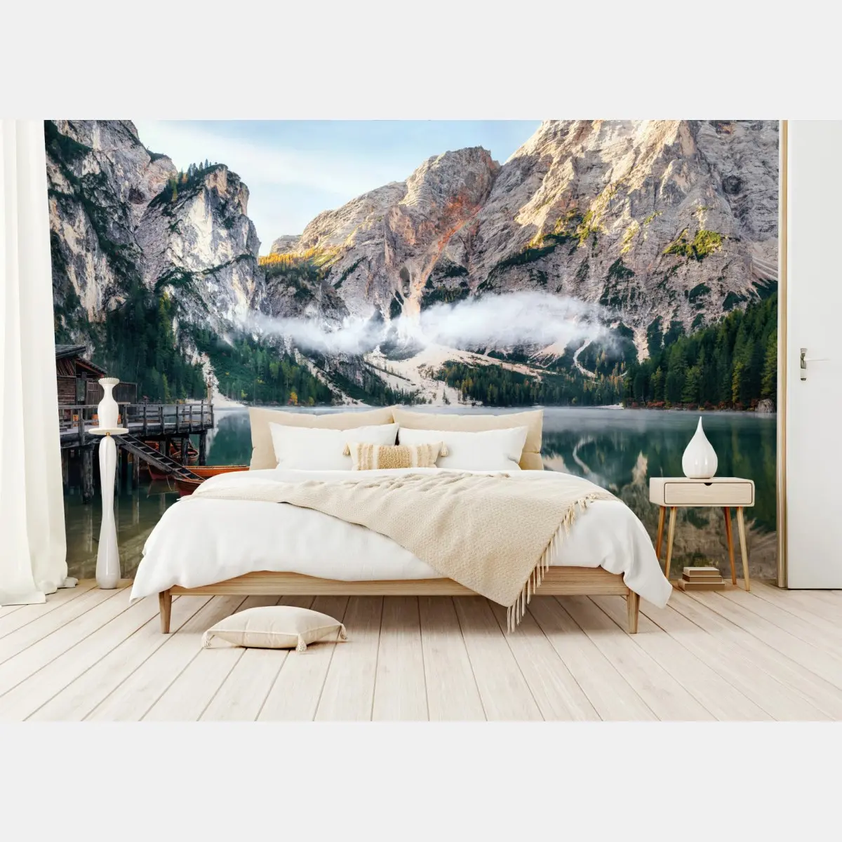 Fototapete nebliger alpensee mit spiegelung – Pixers®