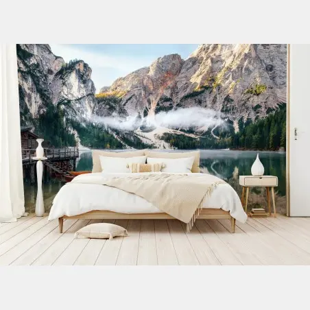 Fototapete nebliger alpensee mit spiegelung – Pixers®