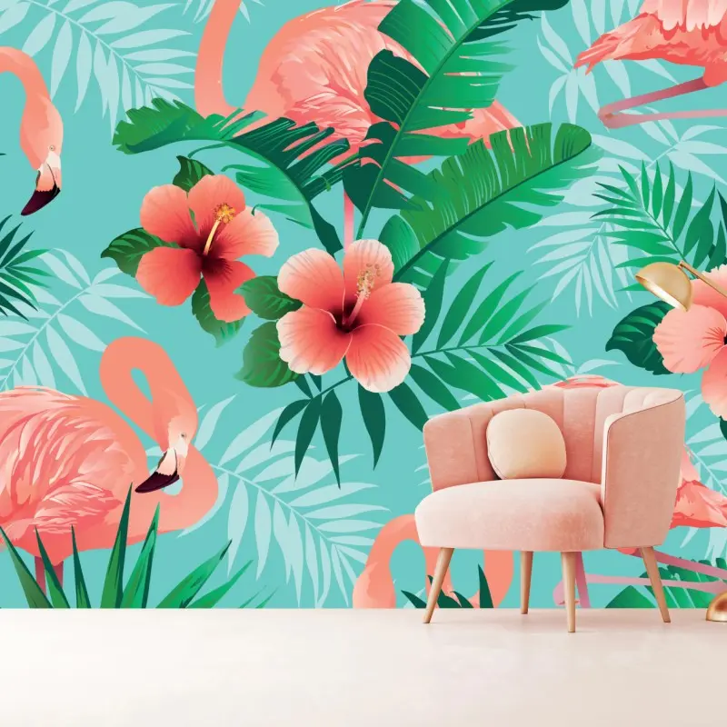 Fototapete tropische flamingo-oase