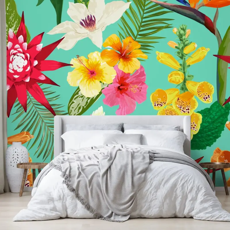 Fototapete tropisches aquarell-blumenmuster mit hibiskus, tigerlilie und paradiesvogelblume