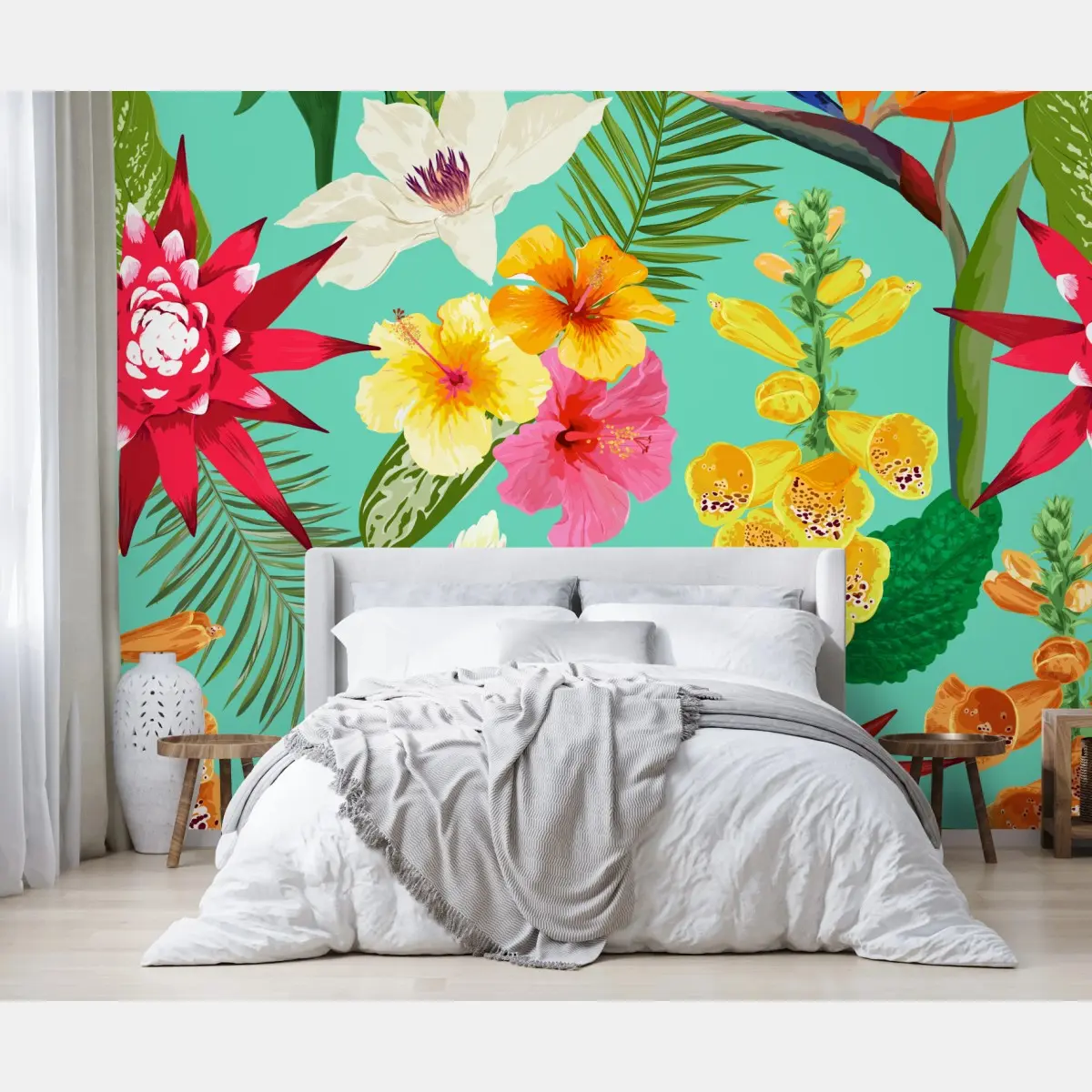Fototapete tropisches aquarell-blumenmuster mit hibiskus, tigerlilie und paradiesvogelblume – Pixers®