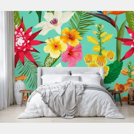 Fototapete tropisches aquarell-blumenmuster mit hibiskus, tigerlilie und paradiesvogelblume – Pixers®