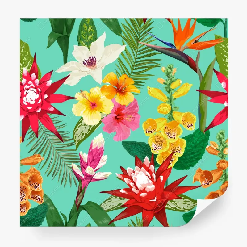 Fototapete tropisches aquarell-blumenmuster mit hibiskus, tigerlilie und paradiesvogelblume