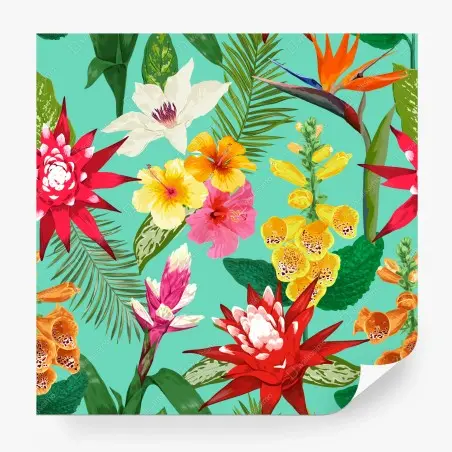 Fototapete tropisches aquarell-blumenmuster mit hibiskus, tigerlilie und paradiesvogelblume – Pixers®