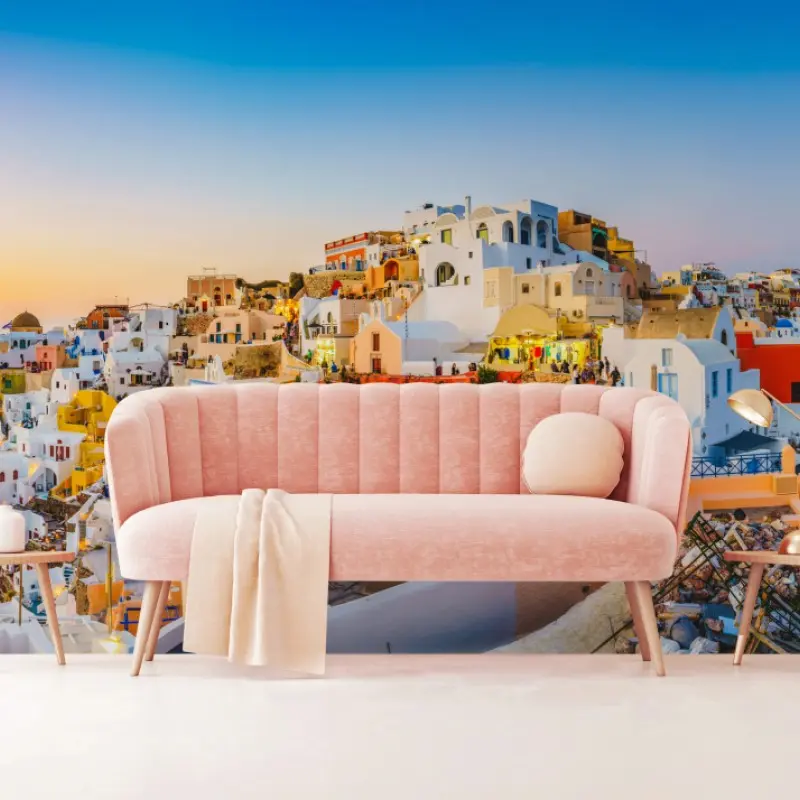 Fototapete sonnenuntergang über Santorini panoramaansicht
