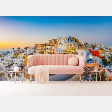 Fototapete sonnenuntergang über Santorini panoramaansicht – Pixers®