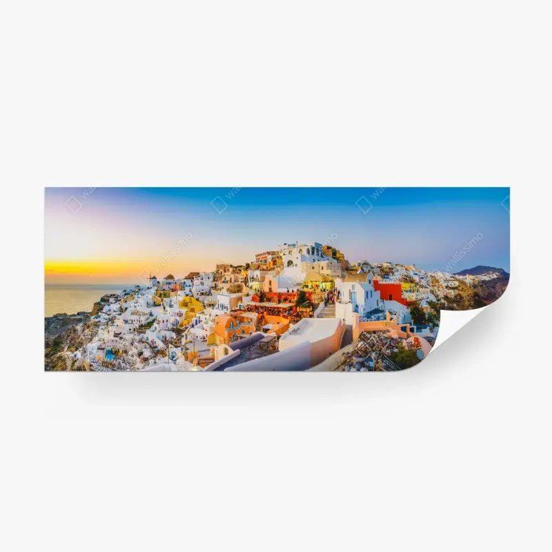 Fototapete sonnenuntergang über Santorini panoramaansicht
