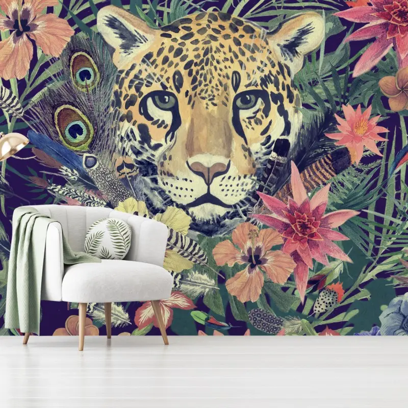 Fototapete vintage aquarell leopard im tropischen dschungel
