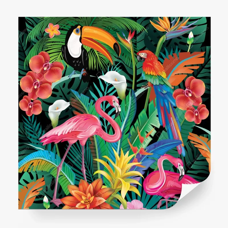 Fototapete leuchtende tropische vögel und blumen