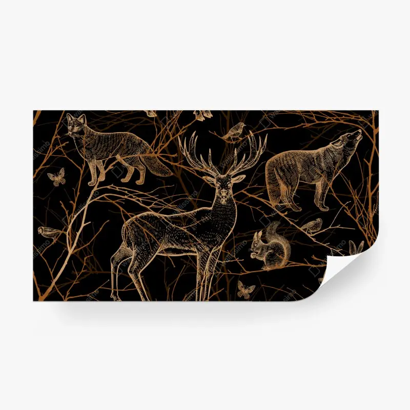 Fototapete goldene waldtiere auf schwarzem hintergrund