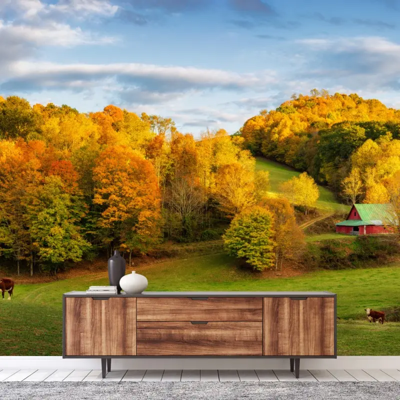 Fototapete herbstliche landschaft mit roter scheune
