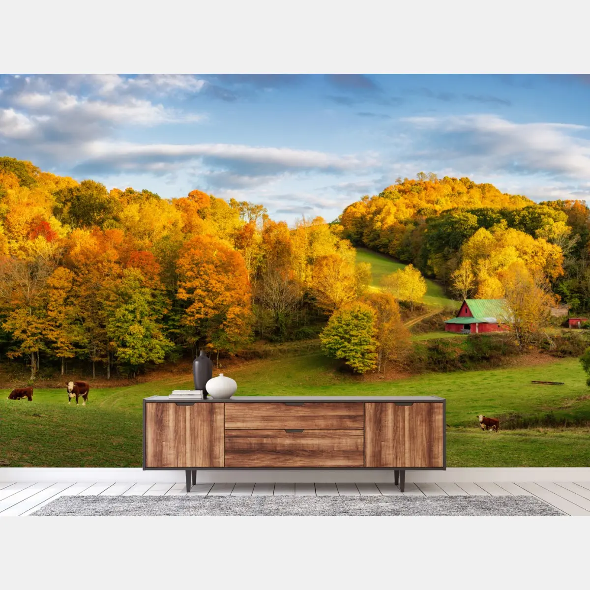 Fototapete herbstliche landschaft mit roter scheune – Pixers®