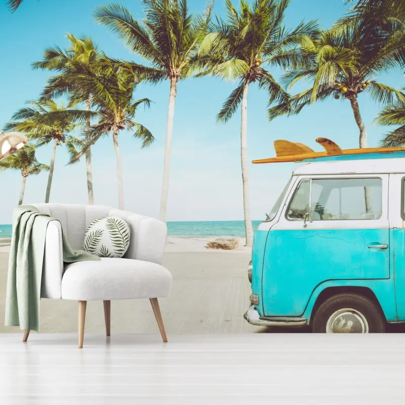Fototapete vintage surfbus am tropischen strand