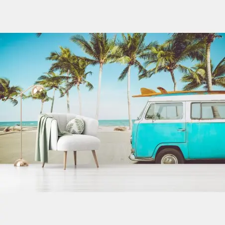 Fototapete vintage surfbus am tropischen strand – Pixers®