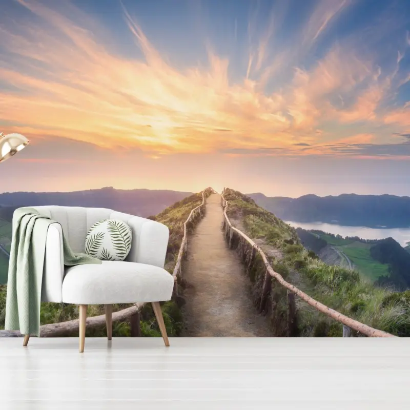 Fototapete sonnenuntergangspfad auf berggrat über see und tal