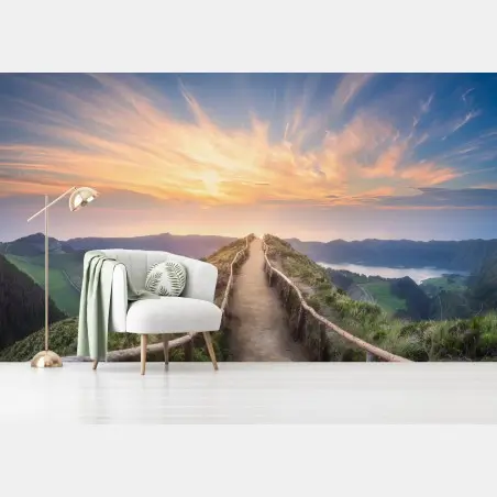 Fototapete sonnenuntergangspfad auf berggrat über see und tal – Pixers®