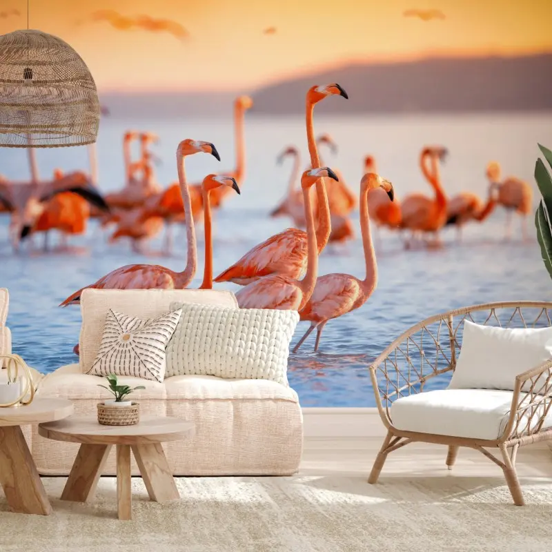 Fototapete rosa flamingos bei sonnenuntergang