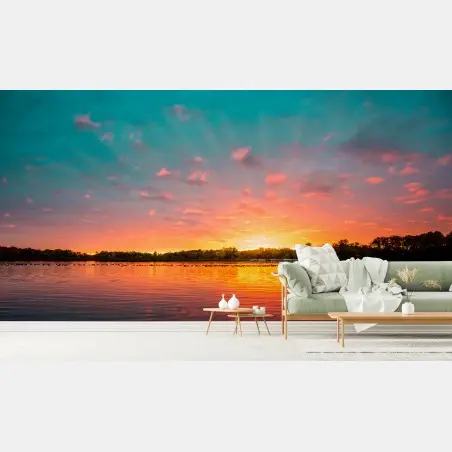 Fototapete türkisfarbener sonnenuntergang über ruhigem see – Pixers®