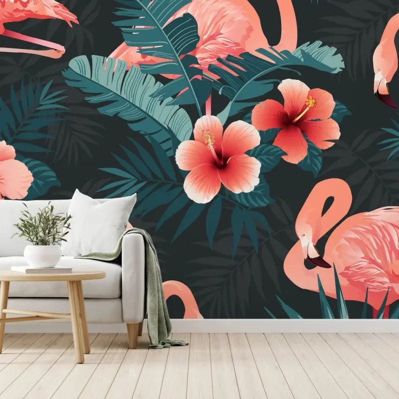 Fototapete tropisches muster mit rosa flamingos