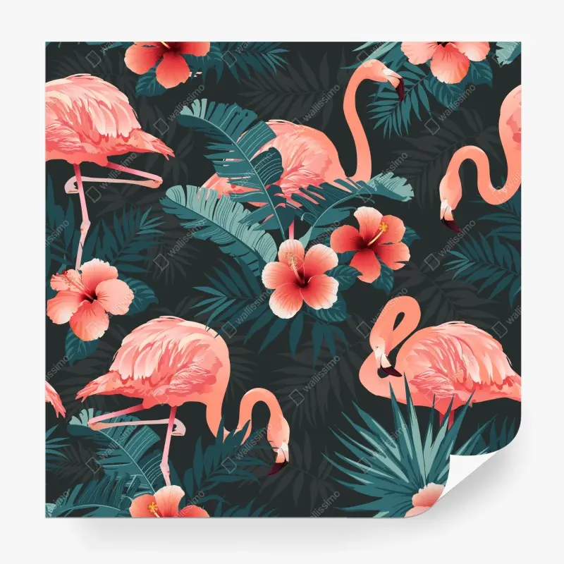 Fototapete tropisches muster mit rosa flamingos