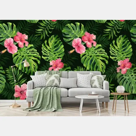 Fototapete tropisches monstera- und hibiskus-motiv – Pixers®