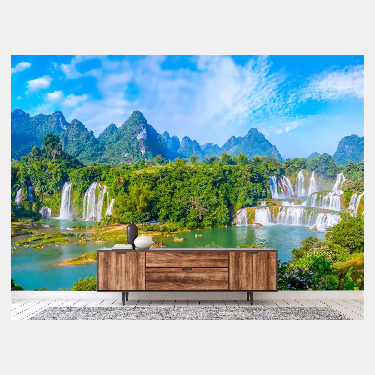 Fototapete üppige panoramaansicht eines wasserfalls mit karstbergen – Pixers®