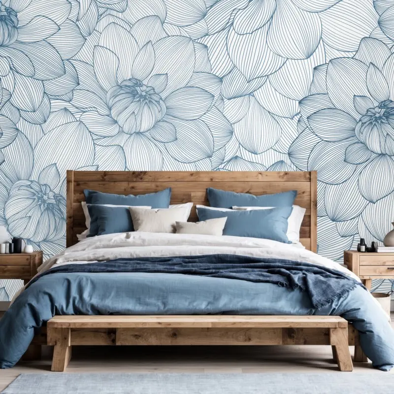 Fototapete zartes blaues blumenlinienmuster