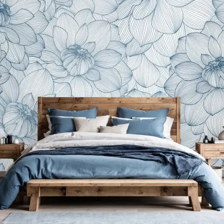 Fototapete zartes blaues blumenlinienmuster