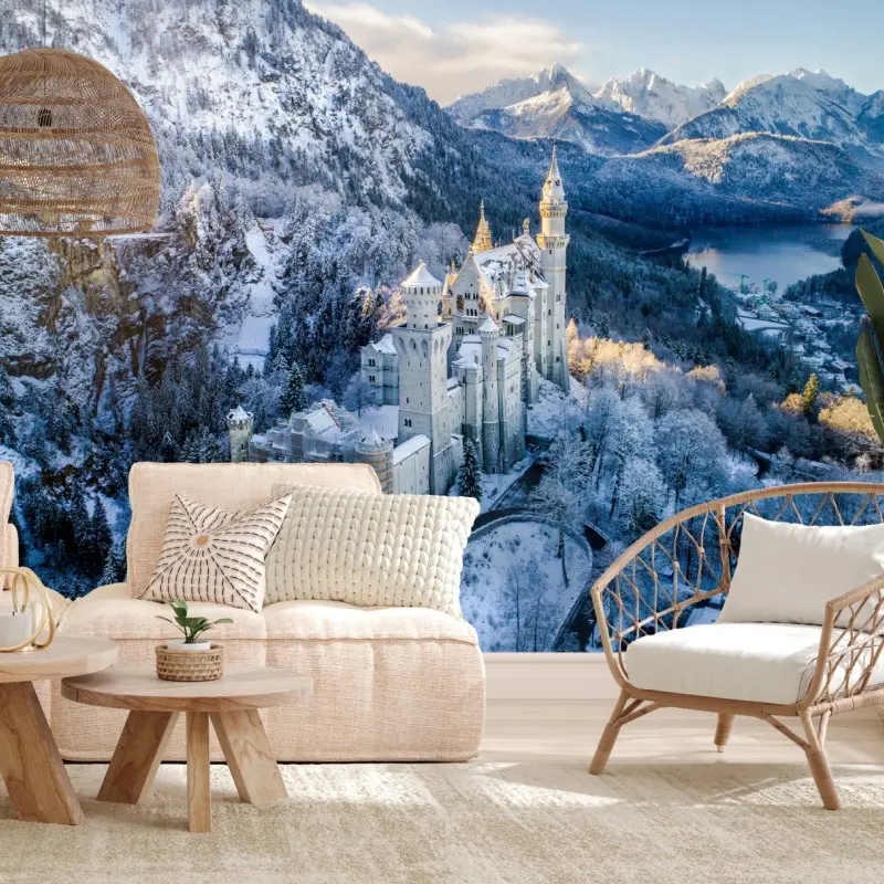 Fototapete winterliches schloss in verschneiten bergen