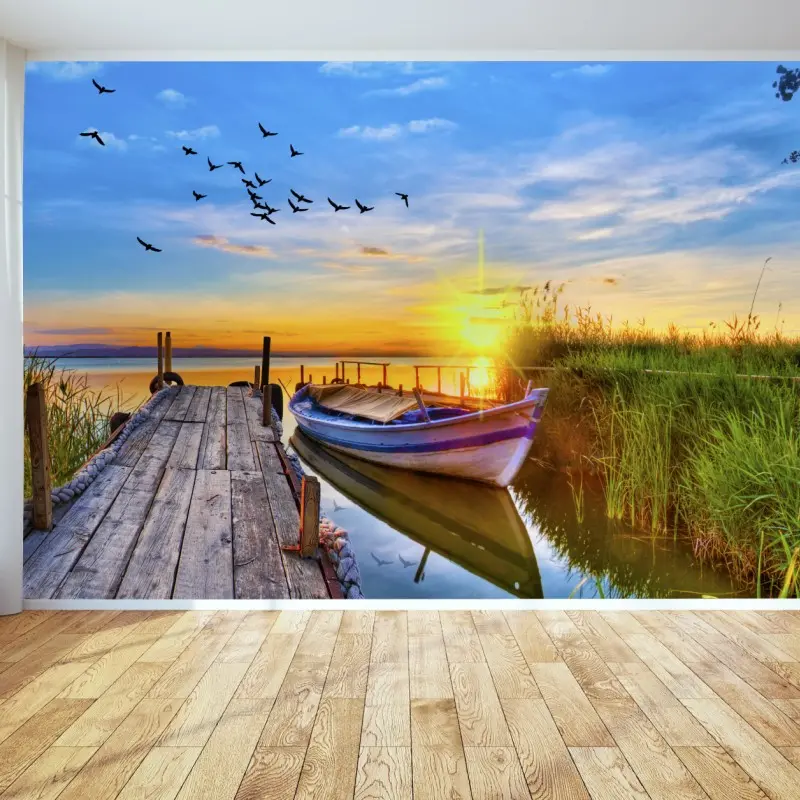 Fototapete sonnenuntergang am see mit boot am steg