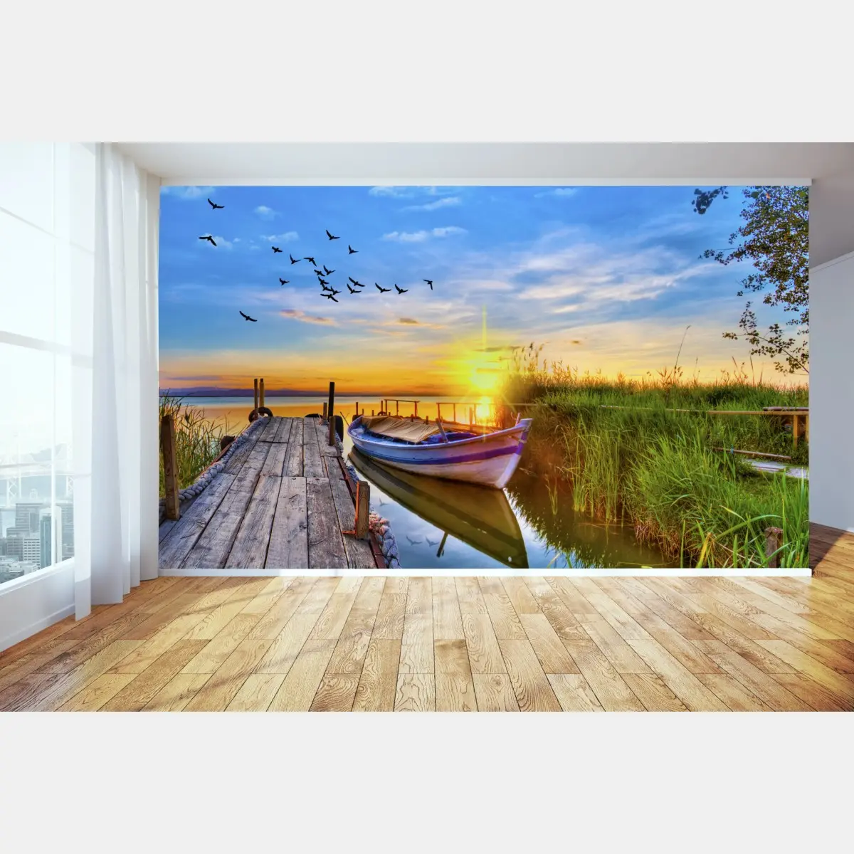 Fototapete sonnenuntergang am see mit boot am steg – Pixers®
