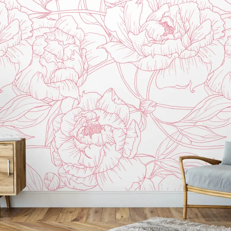 Fototapete zartes rosa paeonien-line-art-muster