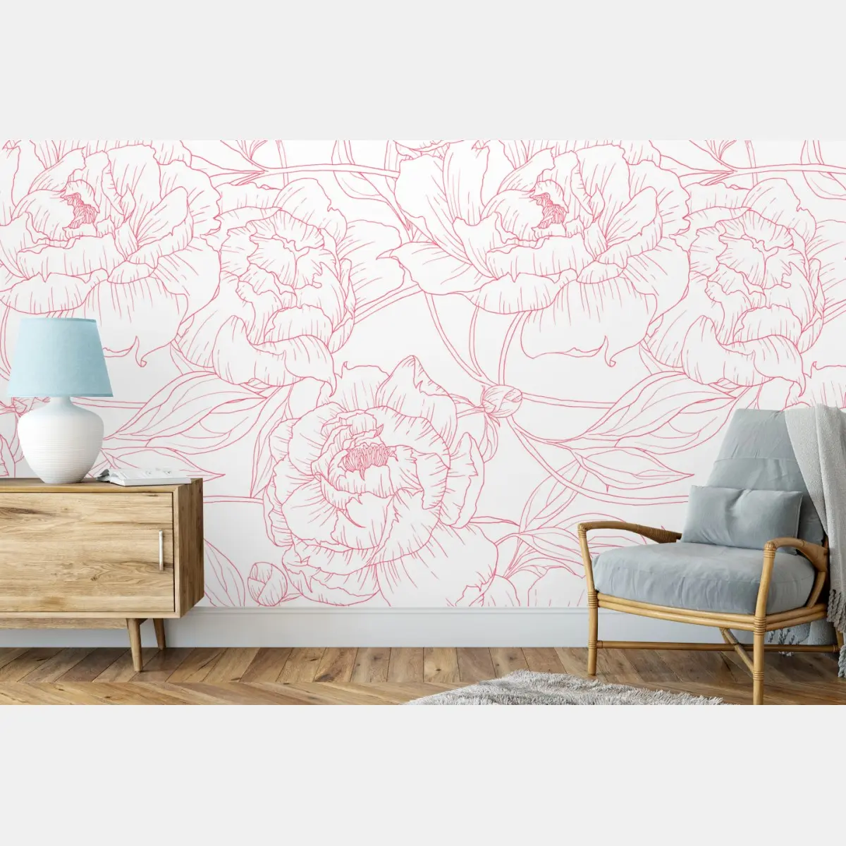 Fototapete zartes rosa paeonien-line-art-muster – Pixers®
