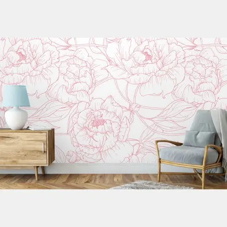 Fototapete zartes rosa paeonien-line-art-muster – Pixers®