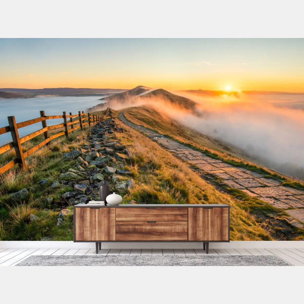 Fototapete sonnenaufgang über einem nebligen bergrücken mit steinweg – Pixers®