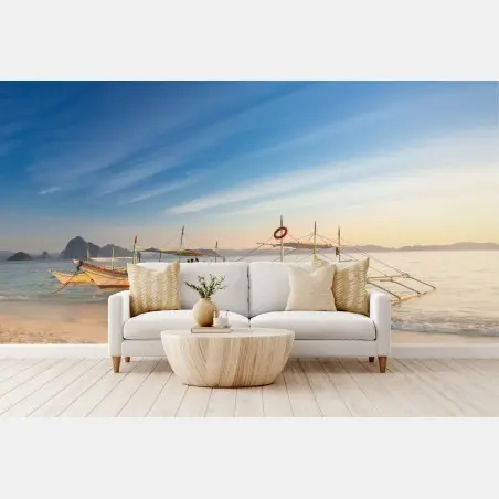 Fototapete tropischer strand bei sonnenuntergang mit booten – Pixers®