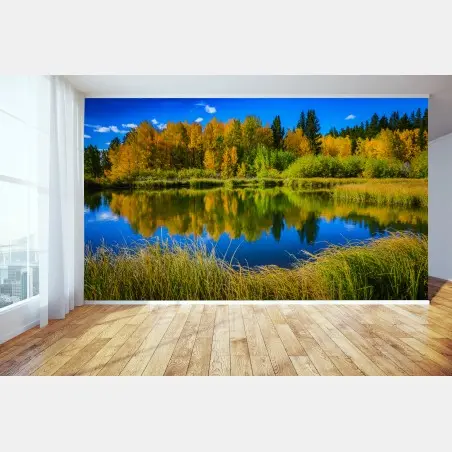 Fototapete herbstbäume spiegeln sich in einem ruhigen see – Pixers®
